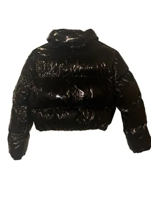 NWT Nanyfair Women's Black Shiny Vinyl Cropped Puffer Jacket Size L thumbnail 8