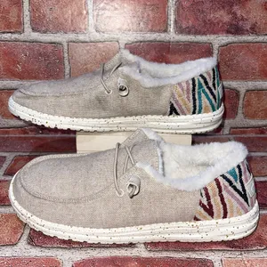 Pre-Owned Hey Dude Wendy Funk Wool Beige Canva Slip On Faux Fur Shoe Size 9 Casu thumbnail 5