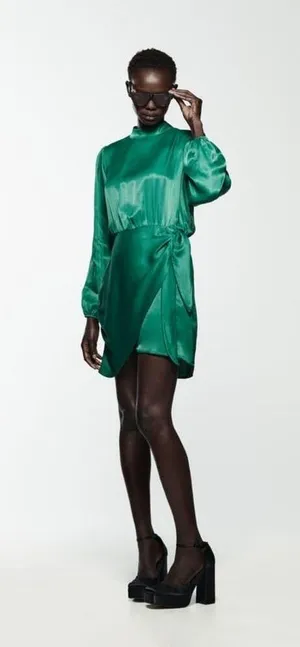 Zara Green Satin Mock Neck Faux Wrap Mini Dress Small Long Sleeve 1165/259 thumbnail 3
