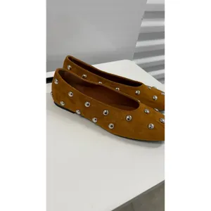 Tan Suede Silver Domed Studded Ballet Flats Almond Toe Slip On Shoes Size 10 thumbnail 2