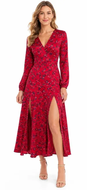 Topshop Red Floral Satin Midi Dress Open Back Long Sleeve V Neck Size 6 thumbnail 1
