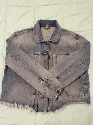 Free People Pleated Cropped Raw Hem Denim Jacket thumbnail 3