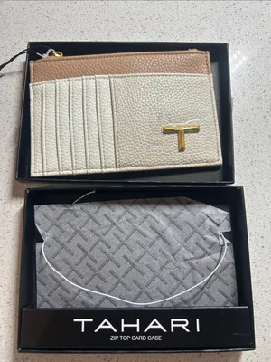 Tahari Cream and Tan Zip Card Case with Gold Accent thumbnail 4