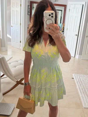 Anthropologie The Somerset Mini Dress Embroidered Linen short sleeve splice mint thumbnail 11