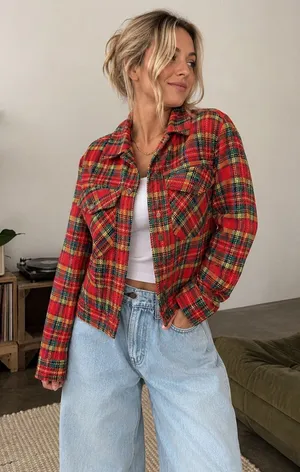 Vintage Rice Sportswear Red Plaid Cropped Jean Jacket thumbnail 1