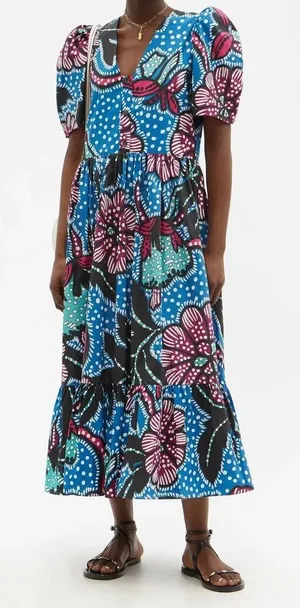 Rhode Nisha Puff-Sleeve Cotton-Poplin Midi Dress Size XS thumbnail 1