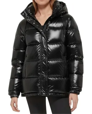 Levis NWT Womens Shiny Black Quilted Bubble Puffer Hooded‎ Jacket XS thumbnail 1