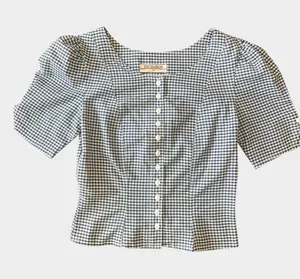 Vintage Richards Navy Gingham Puff Sleeve Button Blouse UK 10 US 6 thumbnail 1