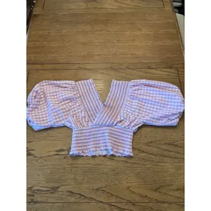 Abercrombie & Fitch Women's Pink/White Gingham V-Neck Puff Sleeve Crop Top M thumbnail 4