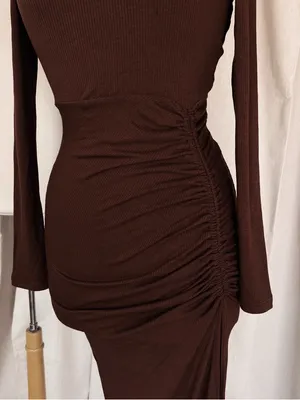 Elegant Brown Ruched Long-Sleeve Midi Dress thumbnail 4