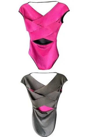 REVERSIBLE Bright Pink & Black Crisscross Open Back Micro Cap Sleeve Leotard thumbnail 2