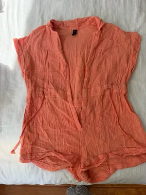UO Out From Under peach crinkle gauze button-down romper thumbnail 2