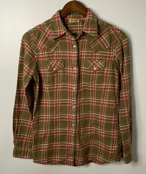 Women's Wrangler Khaki Green Plaid Pearl Snap Western Shirt Size S thumbnail 1