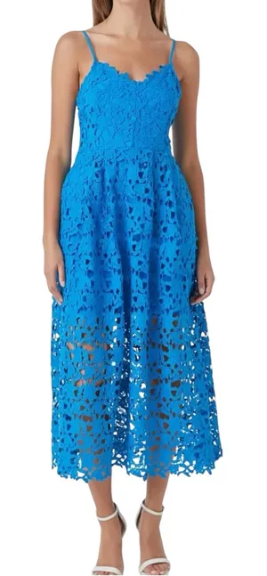Endless Rose Lace Blue Sleeveless Cami Midi Dress SMALL in Ocean Blue thumbnail 1