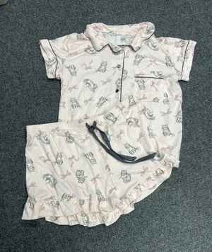 Womens Pink gray cat pajama sleepwear set short sleeve short size XL kitty thumbnail 1