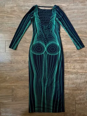 Long Sleeve Black Dress with Green Contour Print thumbnail 2