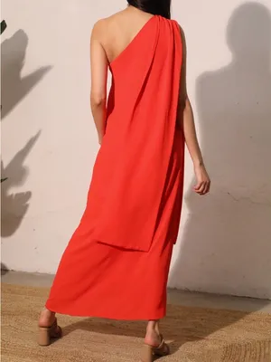 Tyche One-Shoulder Coral Orange Maxi Dress thumbnail 3