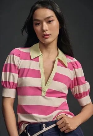 Maeve Pink and Cream Striped Puff-Sleeve Polo with Light Green Collar S thumbnail 1