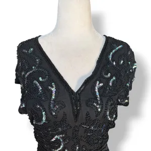 Vintage Black Beaded Sequin Evening Gown Maxi Dress Art Deco Formal Glam Elegant thumbnail 2