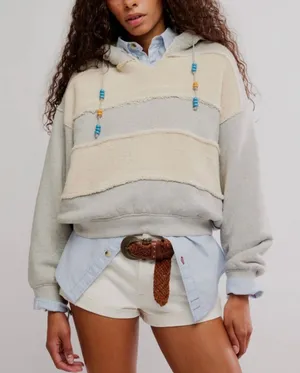 Free‎ People Camp Crush Hoodie Sweatshirt Womens Medium Terry Cloth Gray Cream thumbnail 1