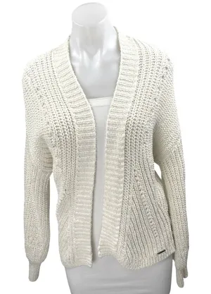 Abercrombie & Fitch White Crochet Knit Open Front Long Sleeve Cardigan Sweater M thumbnail 1