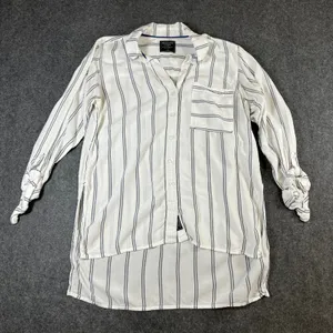 Abercrombie & Fitch Womens Small White Navy Blue Striped Button Down Viscose Top thumbnail 1