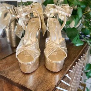 Azalea Wang Gold Platform Heels Rhinestone Bow Sandal Women 8.5 Barbiecore Party thumbnail 5