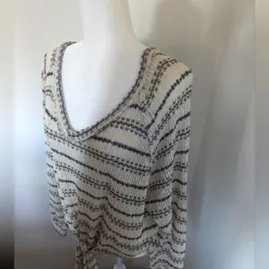 Altar'd State Pullover Small White Black‎ Striped Knit V Neck Tie Front Sweater thumbnail 2