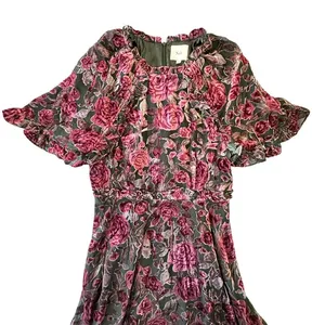 Salt Dark Rose Floral Burnout Velvet Midi‎ Dress Puff Sleeve Pink Purple Ruffle thumbnail 2
