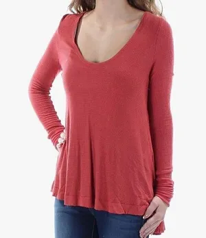 EUC FREE PEOPLE We The Free Malibu Waffle Knit Thermal in Washed Red - Size S thumbnail 1