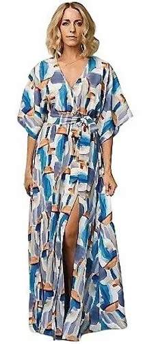 Baltic Born Morgan Kimono Maxi Dress XL Blue White Floral Abstract Peasant thumbnail 1