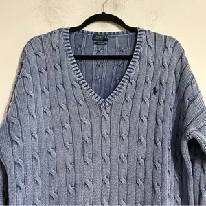 Polo Ralph Lauren Blue Cable Knit Pima Cotton V-Neck Sweater Fisherman Preppy thumbnail 5