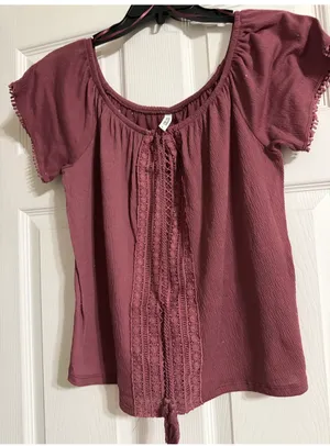 Colosa Boho Crochet Lace Peasant Top Burgundy Mauve Short Sleeve Size L thumbnail 9