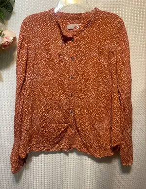 LOFT Womens XL Orange Polka Dot Long Sleeve Button Front Blouse 99% Cotton thumbnail 1