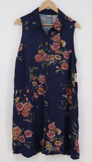 Old Navy Shirt Dress Womens L Sleeveless Navy Blue Floral Button-Down New thumbnail 1