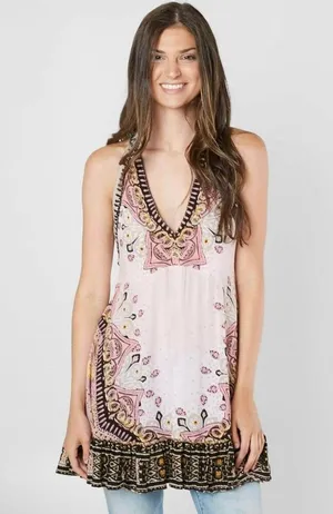Free People Steal the Sun Mini Dress Tunic Tank Top Sleeveless Blouse Shirt Paisley Pink Size S Measurement in pics thumbnail 1