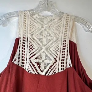 ELLE Rust Red Crochet Lace Yoke Empire Waist Sleeveless Knit Dress XL‎ thumbnail 5
