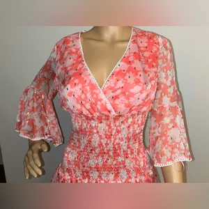 Chelsea & Violet Coral Pink Floral Smocked Mini Dress thumbnail 3