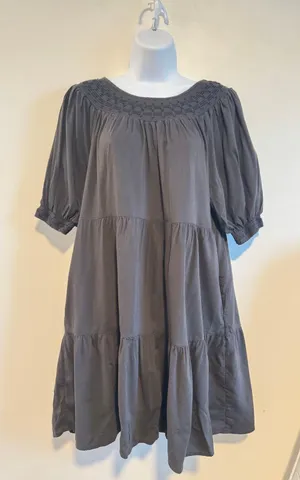 Old Navy XS Black‎ Puff Sleeve Babydoll Dress Smocked Neckline Tiered Cotton thumbnail 1