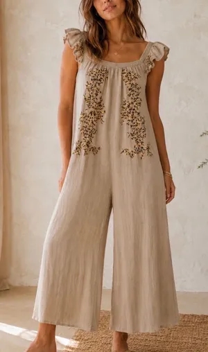 Free People Embroidered Wide Leg Jumpsuit Taupe Beige Boho Smocked Small thumbnail 1