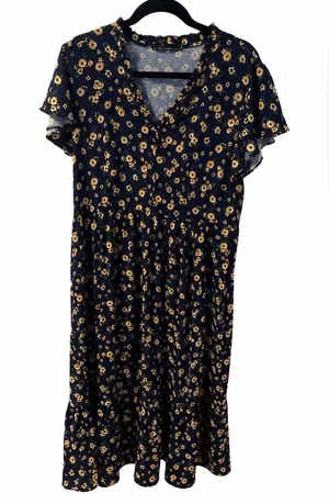 Crimson Floral Midi Dress Womens L Navy Blue Yellow Floral Ruffle Sleeve Boho thumbnail 1