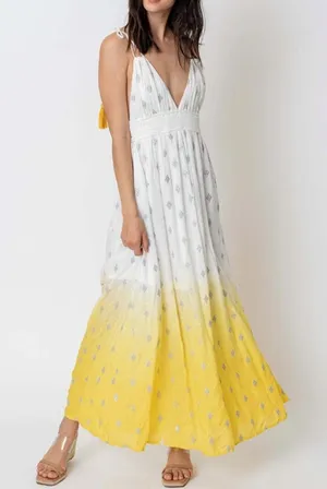 En Creme Womens Deep V-Neck Light Yellow Maxi Dress Sz S Wedding Party Beach EUC thumbnail 1