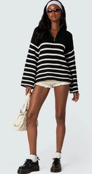 Edikted  Oversized Striped Navy and White Half-Zip Sweater SZ:XS thumbnail 1