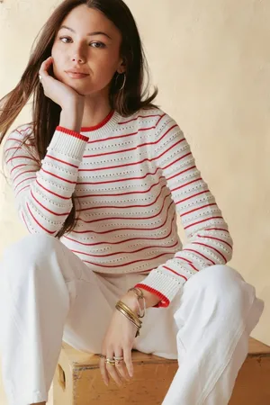 27 Miles Malibu Leah Cotton Striped Crew Sweater in Cloud White Flame red NEW XS thumbnail 1