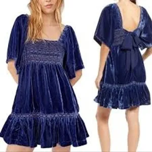 Free People Womens Dress XS Blue Velvet Smocked Tie Back Ruffle Mini Dress thumbnail 3