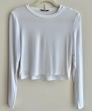 BCBGeneration Cropped Long Sleeve Ribbed Tee, White, Size Medium thumbnail 1