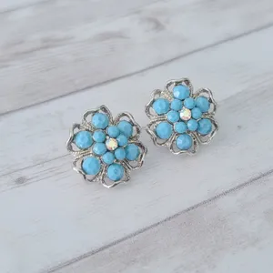 Vintage Clip On Earrings Large Turquoise Tone & Silver Tone Flower Whimsical thumbnail 4