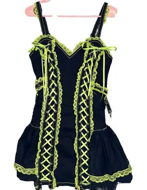 Black And Green Dress With Chains Green and Black Laced Corset Dress DOLLS KILL Goth RARE thumbnail 1