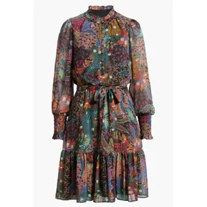 Vince Camuto Floral Paisley Long Sleeve Mini Dress Ruffle Neck Belted Colorful thumbnail 6