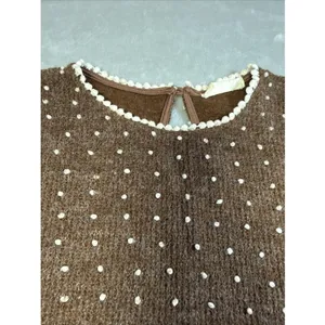 Altar’d State Brown And Cream Dot Sweater Crochet Lace Trim Bell Sleeve Size L thumbnail 2